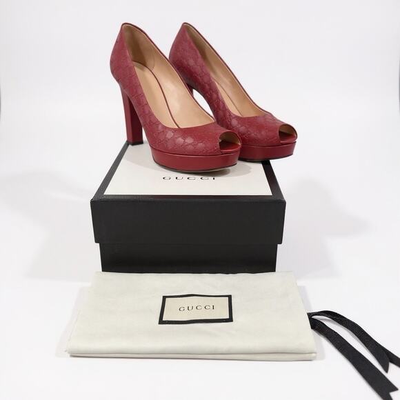 Gucci Guccissima Leather GG Pumps Peep Toe Platform Size 37 EU 7 US Burgundy - Picture 2 of 12